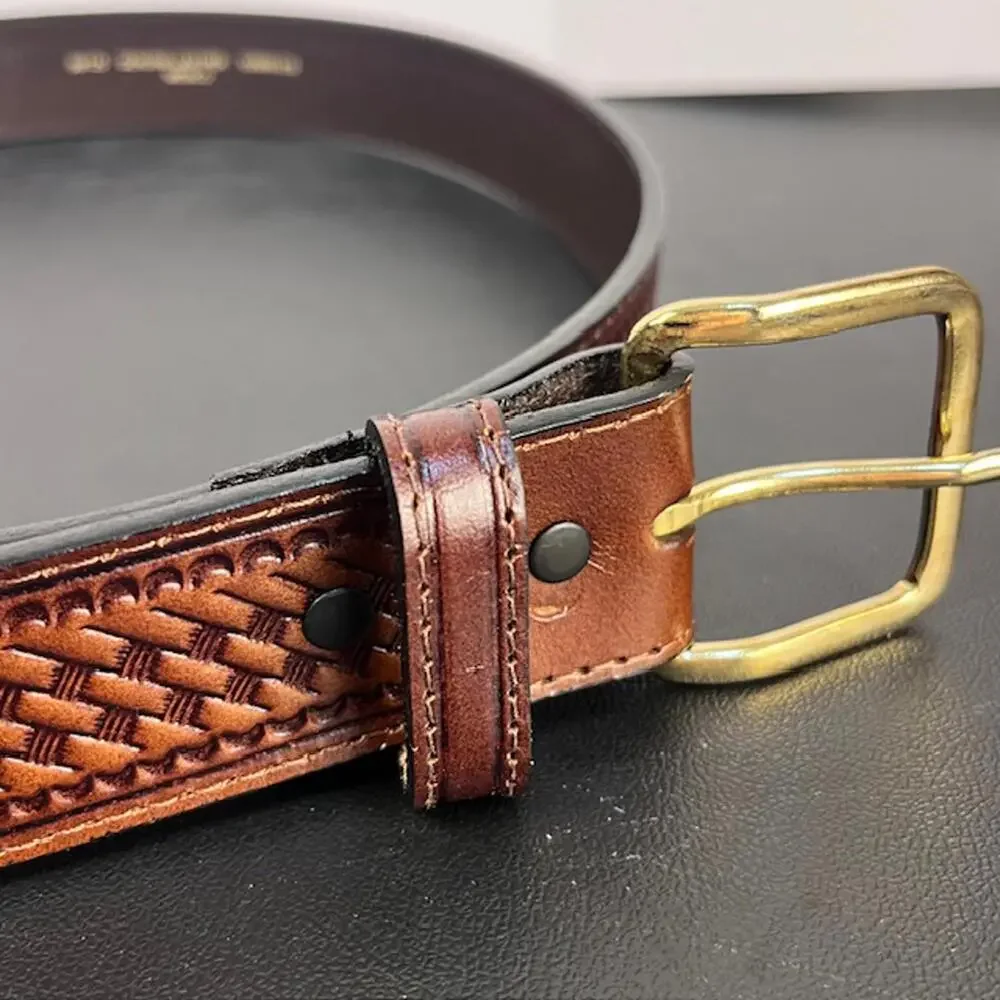 Schmidt Embossed Leather Belt with‎ Brass Gold Buckle Men's Sz 50